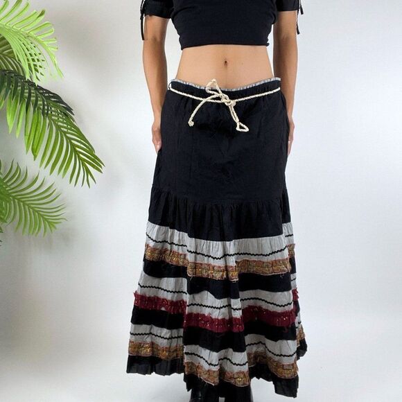 Vintage 90s At Last Grunge Boho Low Rise Fairycore Hippie Striped Midi Skirt / L - Picture 2 of 5